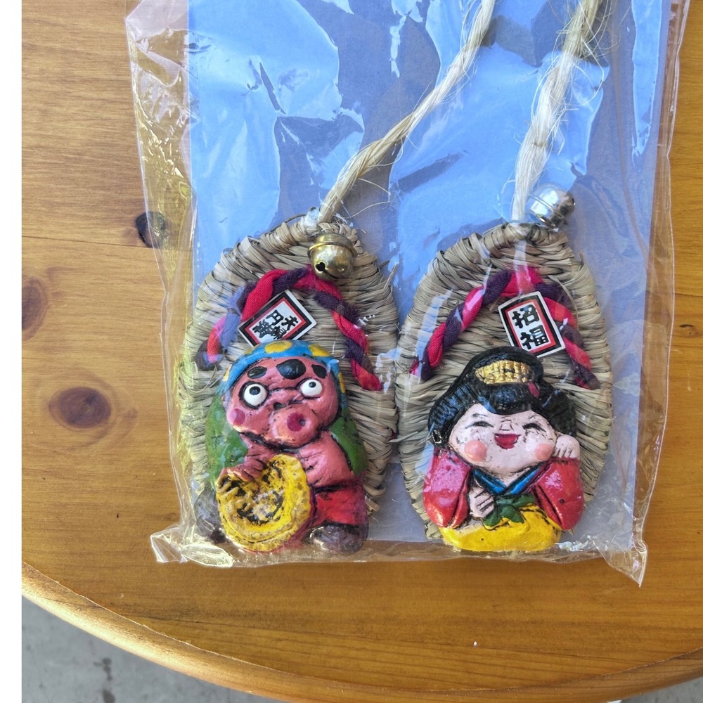 Vintage Japanese Zouri Charm Straw Sandal Amulet Good Luck Folk Art Meoto Enman